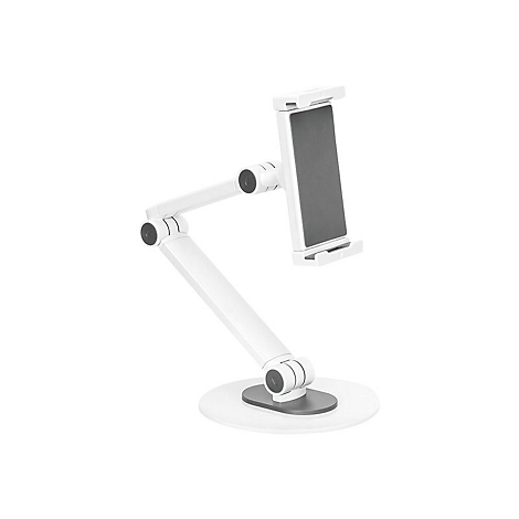 Weißer, verstellbarer Tablet-Halter mit Standfuß vor weißem Hintergrund.