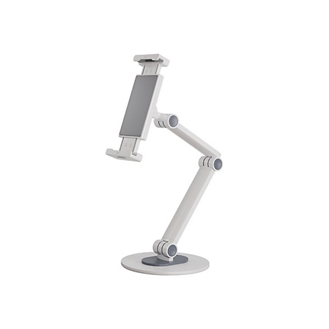 Weißer Tablet-Halter mit verstellbaren Gelenken. Grauer Tablet-Rahmen vor hellem Hintergrund.