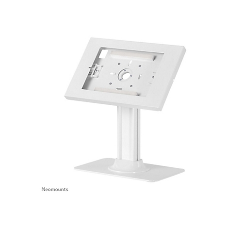Ein weißer Tablet-Tischständer von Neomounts auf einem neutralen Hintergrund.