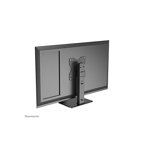 Rückansicht eines schwarzen Monitors auf einem verstellbaren Standfuß von Neomounts auf weißem Hintergrund.