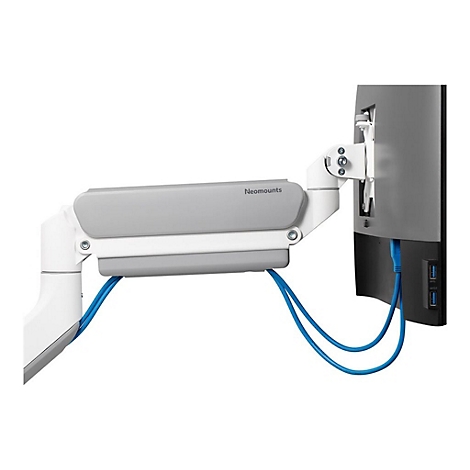 Heller Monitorarm mit weißem Rahmen und grauem Element, verbunden mit einem dunklen Monitor. Blaue Kabel verlaufen.