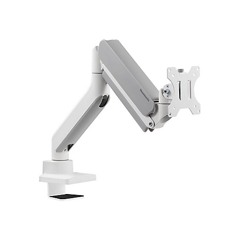 Weißer Monitorarm, an dem ein Bildschirm befestigt werden kann. Auf dem Arm ist der Schriftzug "Neomounts" zu sehen.
