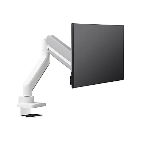 Monitor-Halterung. Weißes und graues Design, mit schwarzem Bildschirm vor weißem Hintergrund.