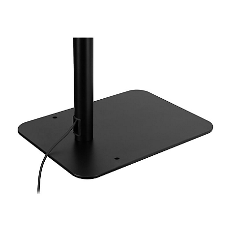 Nahaufnahme einer schwarzen MonitorfuÃŸplatte. Eine schwarze Stange ist in die Platte eingelassen. Ein Kabel ist an der Platte befestigt.