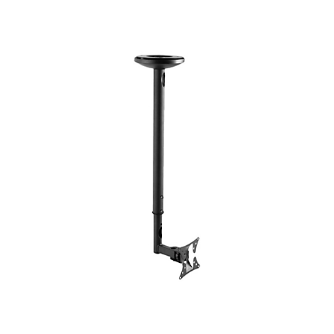 Schwarze Deckenhalterung für einen Monitor, bestehend aus einer Halterung, einem Rohr und einer Montageplatte.