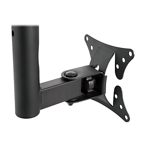 Schwarze TV-Halterung, Detailaufnahme. Ein Arm mit Löchern und Drehgelenk, verbunden mit einer Säule.