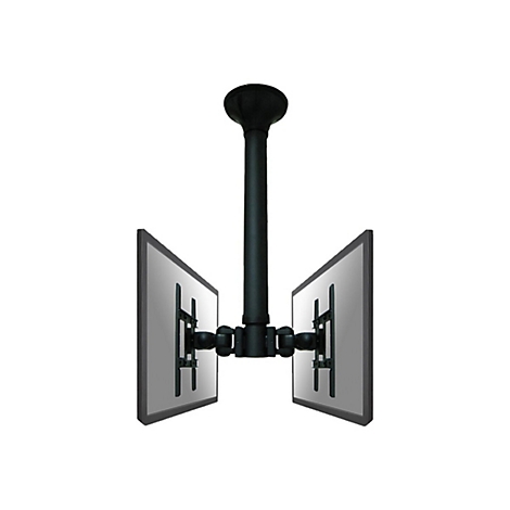 Deckenhalterung für zwei Monitore, schwarz, mit Gelenken.