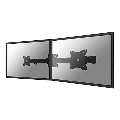 Zwei schwarze Monitore mit Halterung. Die Halterung ist ebenfalls schwarz und wird an der Wand befestigt.