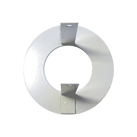 Kreisförmiges Metallteil mit zwei Halterungen. Weiß, glatte Oberfläche. Loch in der Mitte.