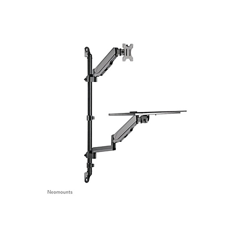 Schwarzer Monitorarm, vor weißem Hintergrund. Zwei Arme halten zwei Halterungen. Am Fuß steht "Neomounts".