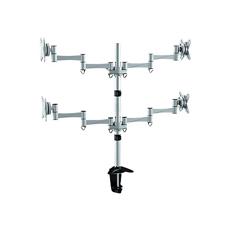 Silberne Monitorhalterung für vier Bildschirme, freigestellt auf weißem Hintergrund.