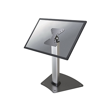 Monitorständer mit neigbarem Bildschirm, silberfarbenes Metall, schwarzer Rahmen und Basis.