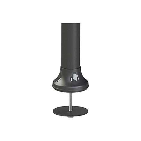 Detailaufnahme einer schwarzen Säule mit Standfuß, Schraube und runder Basis, vor weißem Hintergrund.