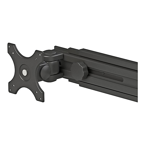 Schwarze Monitorhalterung mit Gelenkarm und Sternschraube vor weißem Hintergrund.