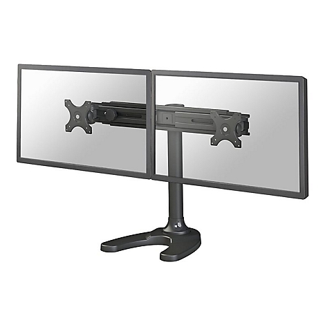 Doppelmonitor-Halterung, schwarz. Zwei Bildschirme sind an einem Ständer befestigt.