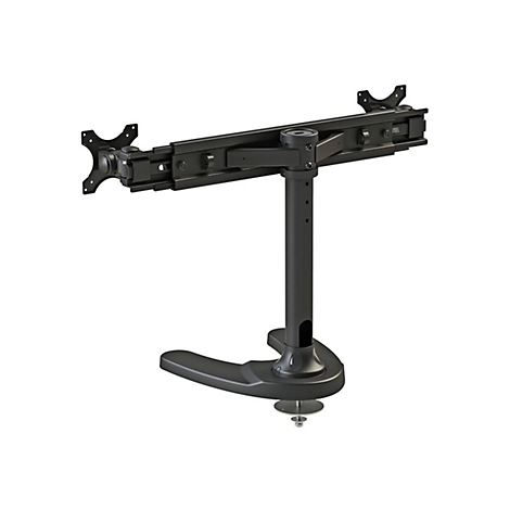 Schwarze Monitorhalterung, die auf einem weißen Hintergrund steht. Sie hat einen Standfuß, einen vertikalen Arm und einen horizontalen Arm zur Aufnahme von zwei Monitoren.