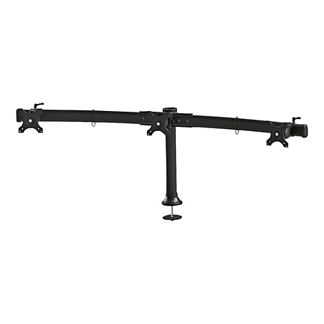 Schwarze Monitorhalterung für drei Monitore. Das Gestell besteht aus einem zentralen Mast und einer horizontalen Halterung.