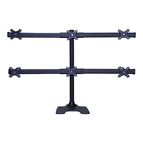 Schwarzer Monitorständer für vier Bildschirme, freistehend auf weißem Hintergrund.