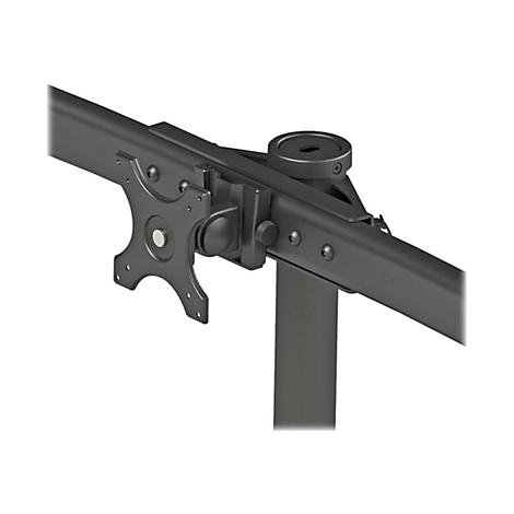 Detailaufnahme einer Monitorhalterung aus Metall. Die Halterung hat eine schwarze Farbe und ist vor weißem Hintergrund abgebildet.