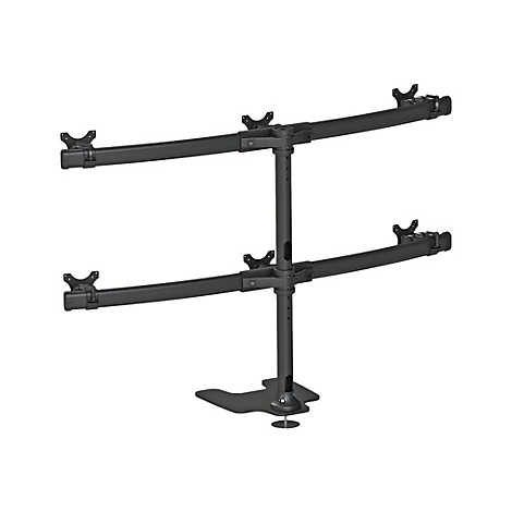 Schwarzer Monitorhalter für zwei Monitore, bestehend aus Säule, Trägern und Halterungen.