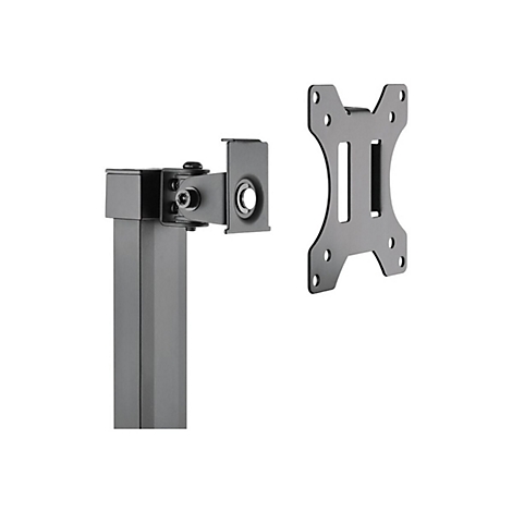 Grauer Monitorhalterung mit abgetrennter Montageplatte auf weißem Hintergrund.