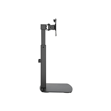 Schwarzer Monitorständer mit rechteckiger Grundplatte, höhenverstellbarem Arm und Halterung für den Monitor.