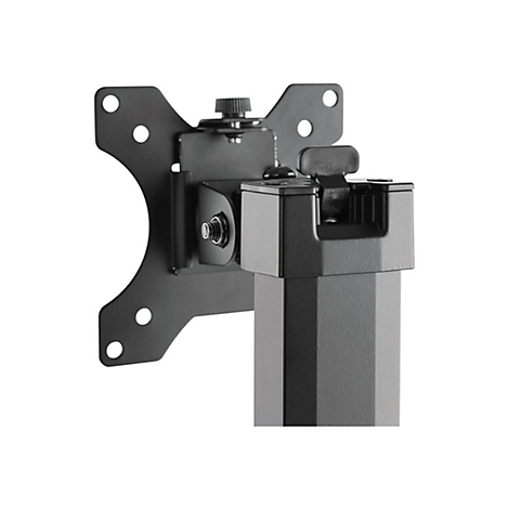 Schwarze Halterung für einen Monitor, bestehend aus einer Halteplatte, einem Gelenk und einem vertikalen Mast.