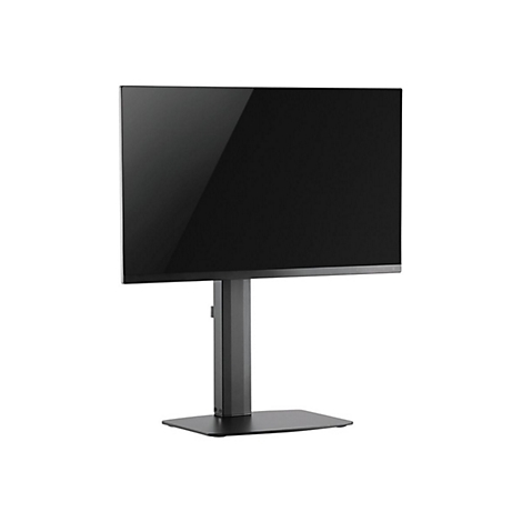 Ein schwarzer Flachbildschirm-Fernseher auf einem grauen Standfuß, vor weißem Hintergrund.