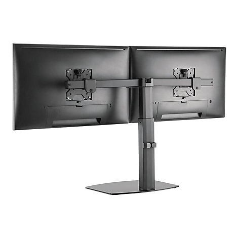 Rückansicht eines Doppelmonitor-Halters mit zwei Bildschirmen. Graue Monitore mit Halterung.
