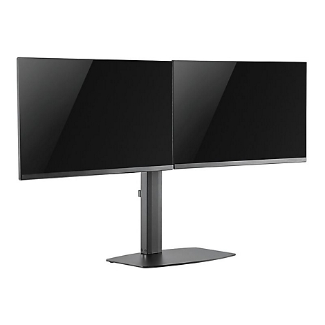 Zwei schwarze Monitore nebeneinander auf einem grauen Standfuß. Die Bildschirme haben einen schmalen silbernen Rahmen.