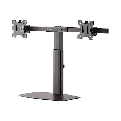 Support de moniteur noir pour deux écrans ; composé d'une base carrée, d'un montant de support vertical et de deux bras horizontaux.