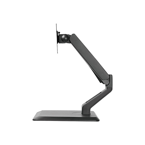 Schwarzer Monitorarm, Profilansicht, Basis, Arm, Halterung und Platte sind zu sehen. Alles vor weißem Hintergrund.