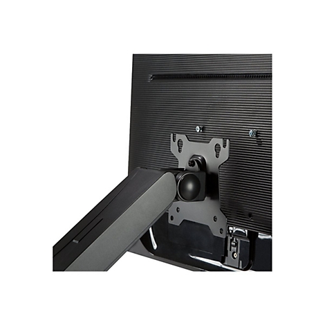 Nahaufnahme der Rückseite eines schwarzen Monitors mit Halterung. Die Halterung ist an der Rückseite befestigt, der Arm ist angebracht.