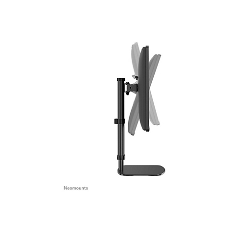 Schwarzer Monitorhalter mit verstellbarem Bildschirm, vor weißem Hintergrund. Der Halter trägt das Logo von Neomounts.