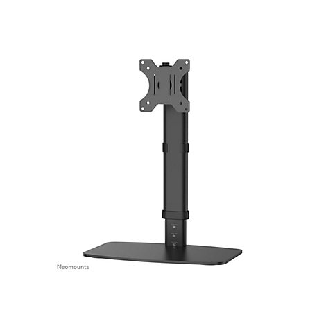 Schwarzer Monitorständer vor weißem Hintergrund. Der Ständer hat eine Basis, einen Mast und eine Halterung.