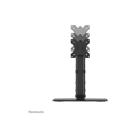 Schwarzer Monitorständer vor weißem Hintergrund. Der Ständer hat einen Fuß, eine Säule und eine Halterung.