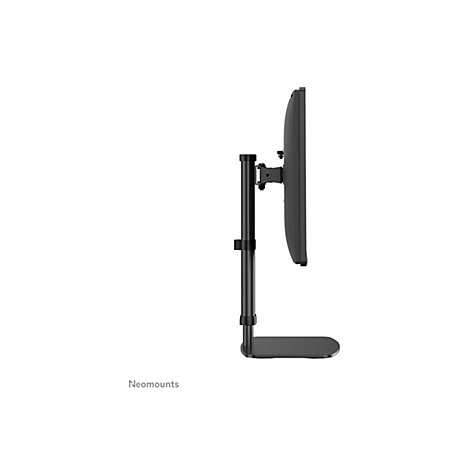 Monitorhalterung in Schwarz, Seitenansicht. Ein Bildschirm ist an einer Halterung befestigt.