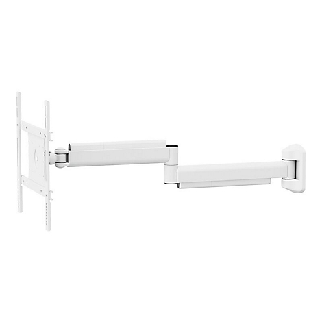 Weiße, ausziehbare TV-Wandhalterung, die an einer Wand befestigt ist.