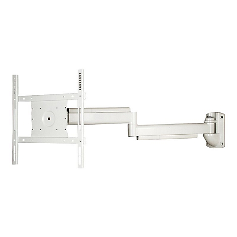 Weiße, ausziehbare TV-Wandhalterung. Mit verschiedenen Gelenken und Halterungen zur Befestigung an Wand und Fernseher.