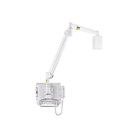 Medizinischer Deckenarm, weiß, mit Bildschirm und Telefon, vor weißem Hintergrund.