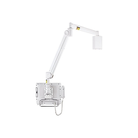 Eine weiÃŸe medizinische GerÃ¤t, das an einem Arm montiert ist. An dem Arm sind ein Monitor und eine Leuchte befestigt.