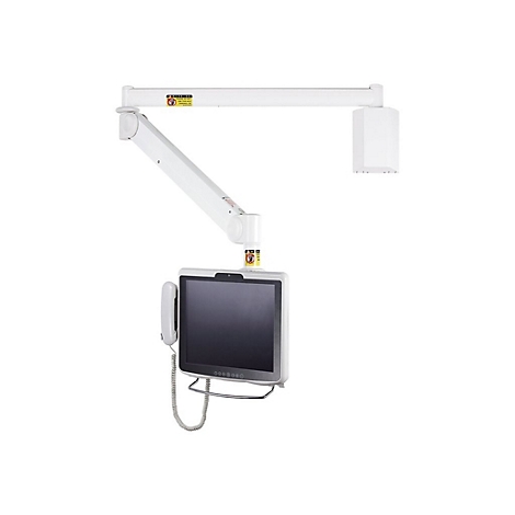 WeiÃŸes, an der Wand montiertes medizinisches GerÃ¤t mit Bildschirm, Telefon und Ausleger.