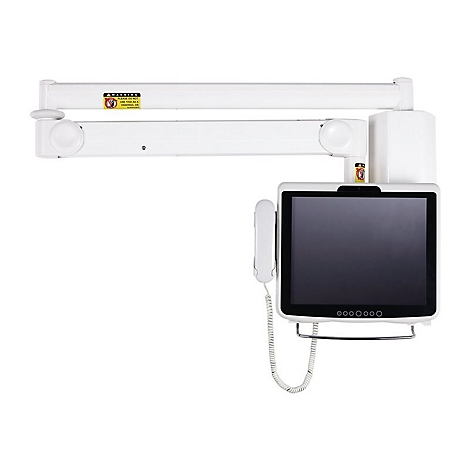 Weißes, an der Wand montiertes medizinisches Gerät mit Bildschirm, Telefon und Halterung.