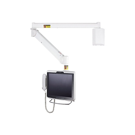 Weißes, wandmontiertes medizinisches Gerät mit Bildschirm, Telefonhörer und beweglichem Arm.