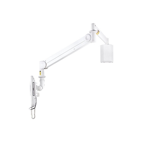 Weiße, an der Wand befestigte medizinische Lampe mit Arm, Halterung und Licht. Der Hintergrund ist weiß.