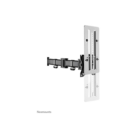 Schwarze TV-Halterung, silberne Halteplatte, weißer Hintergrund. Aufschrift: Neomounts.