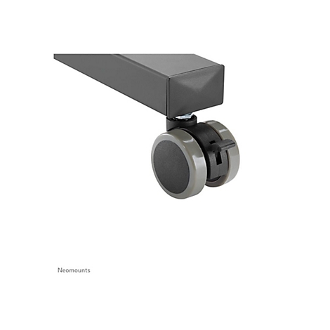 Detailaufnahme einer schwarzen Möbelrolle mit grauem Rad und Hebel. Im Hintergrund ist ein graues Rechteck zu sehen.