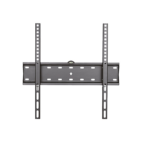 Eine schwarze TV-Wandhalterung, bestehend aus zwei senkrechten Schienen mit Löchern und einer waagerechten Halterung mit Wasserwaage.