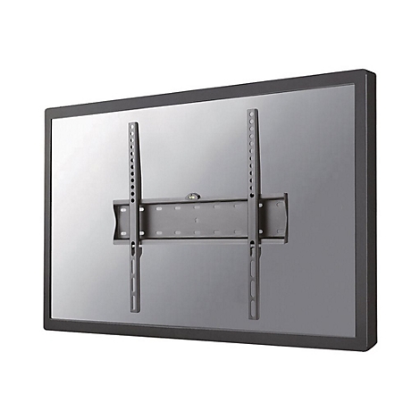 Schwarze TV-Halterung. Zwei vertikale Halterungen mit Schraublöchern sind mit einer horizontalen Halterung verbunden.