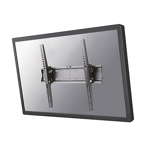 Schwarze TV-Halterung, Montageplatte und Halterungselemente. Vor grauem Hintergrund.